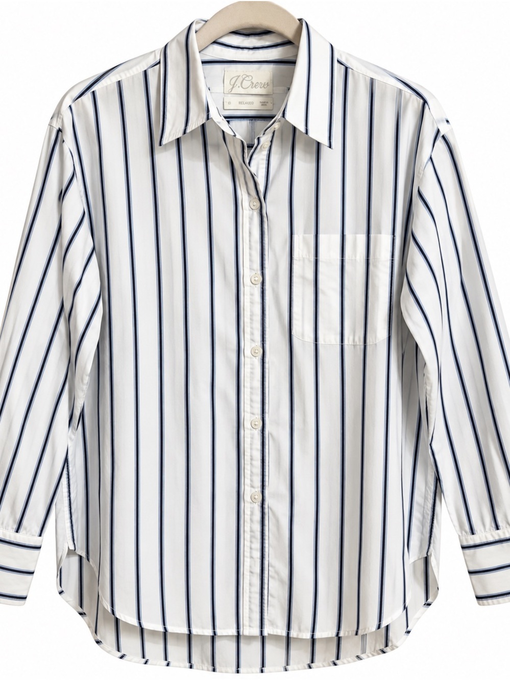 J. Crew White Button-Down Shirt with Navy Vertical Stripes #148